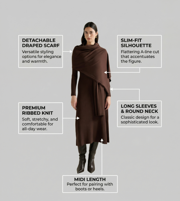 FN AMELIE A-Line Knitted Midi Dress with Scarf
