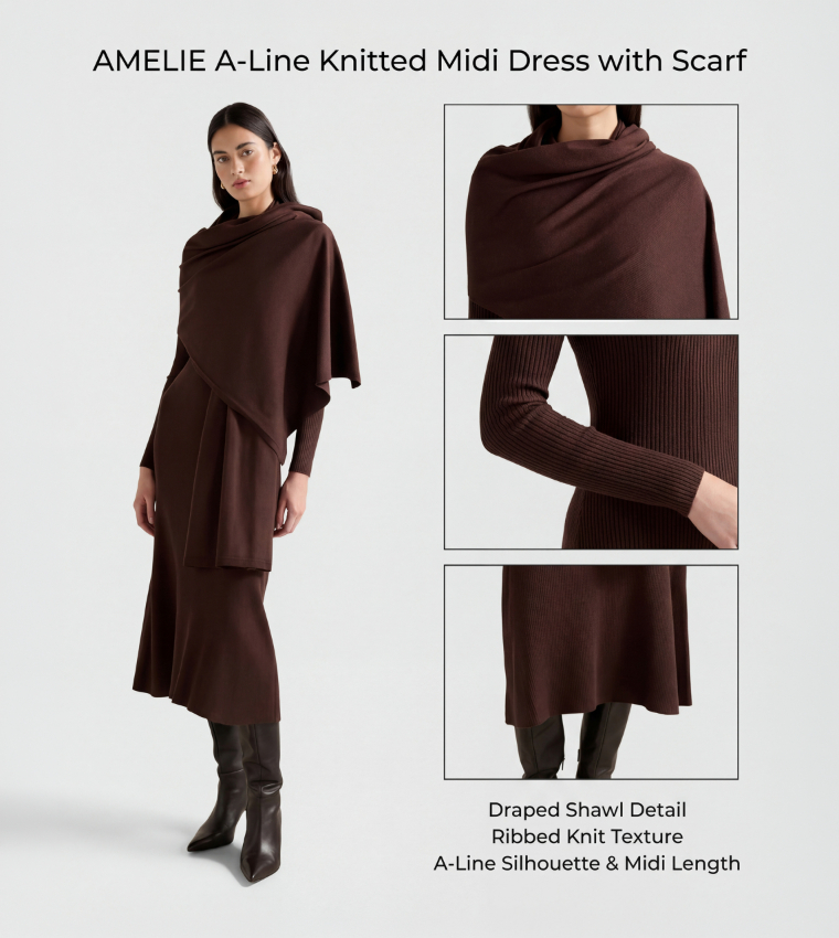 FN AMELIE A-Line Knitted Midi Dress with Scarf