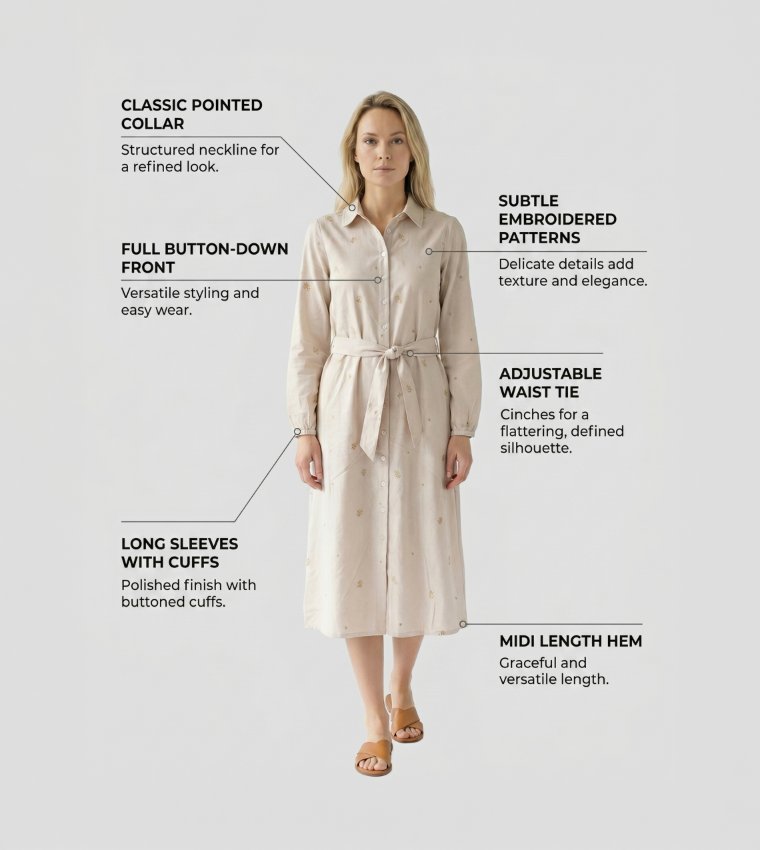 Embroidered Shirt Collar Dress Midi