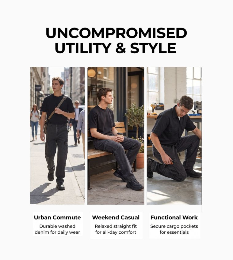 Washed Straight Fit Cargo Jeans