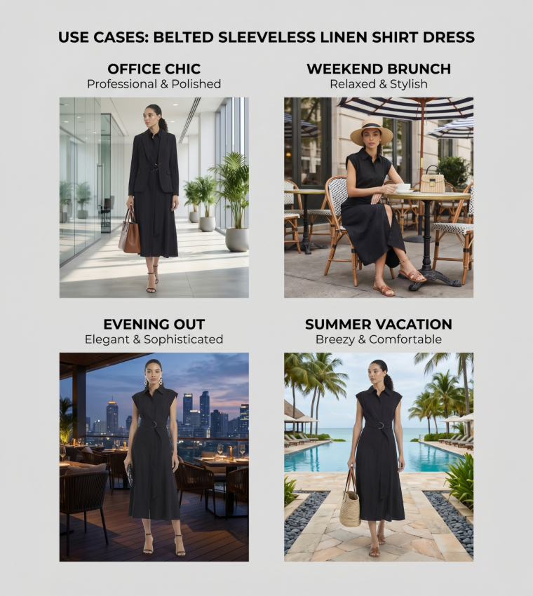 Belted Sleeveless Linen Shirt Dress