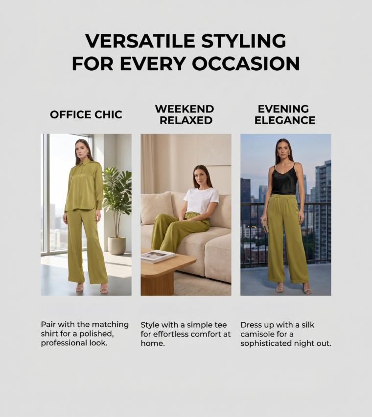 Solid Elastic Waist Wide Leg Pants