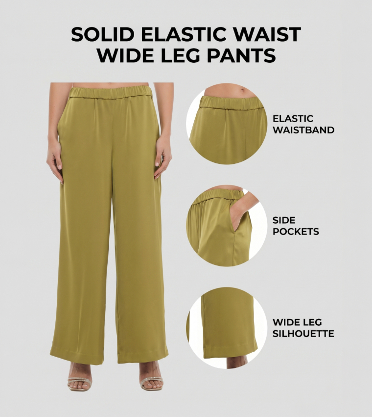 Solid Elastic Waist Wide Leg Pants