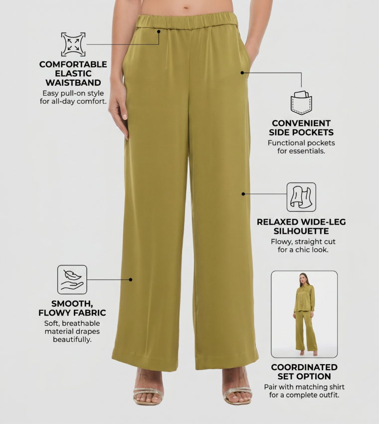 Solid Elastic Waist Wide Leg Pants