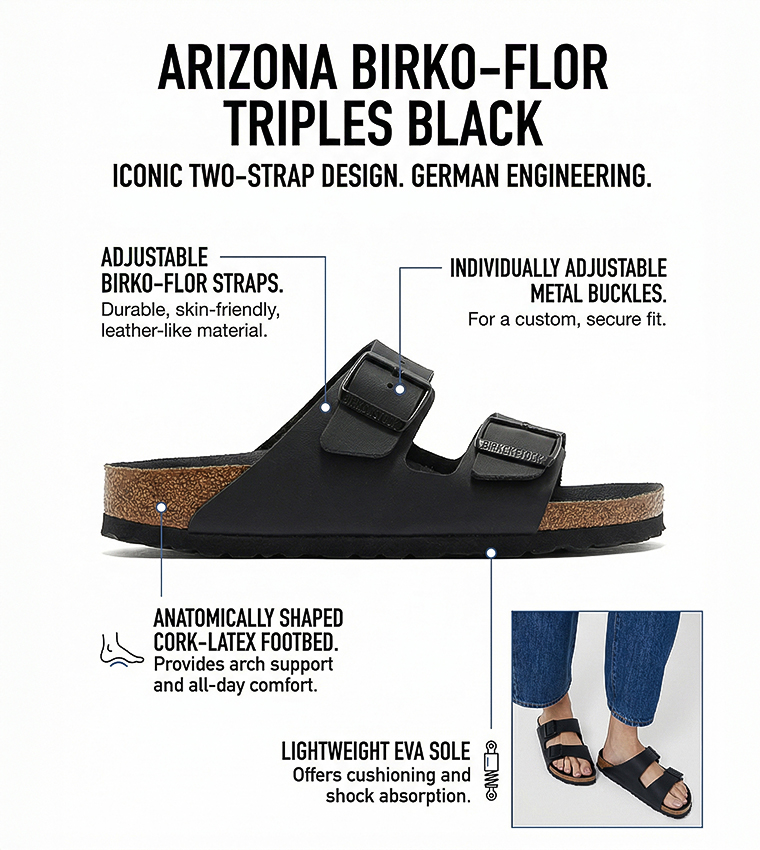 صندل أريزونا بيركو فلور - ثلاثي الأحزمة - أسود