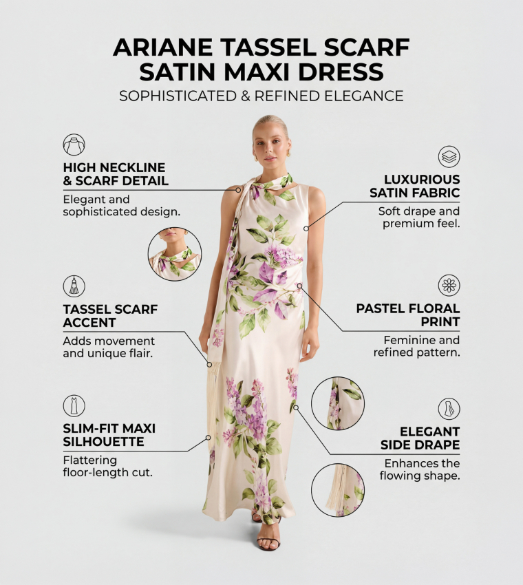 ARIANE Tassel Scarf Satin Maxi Dress