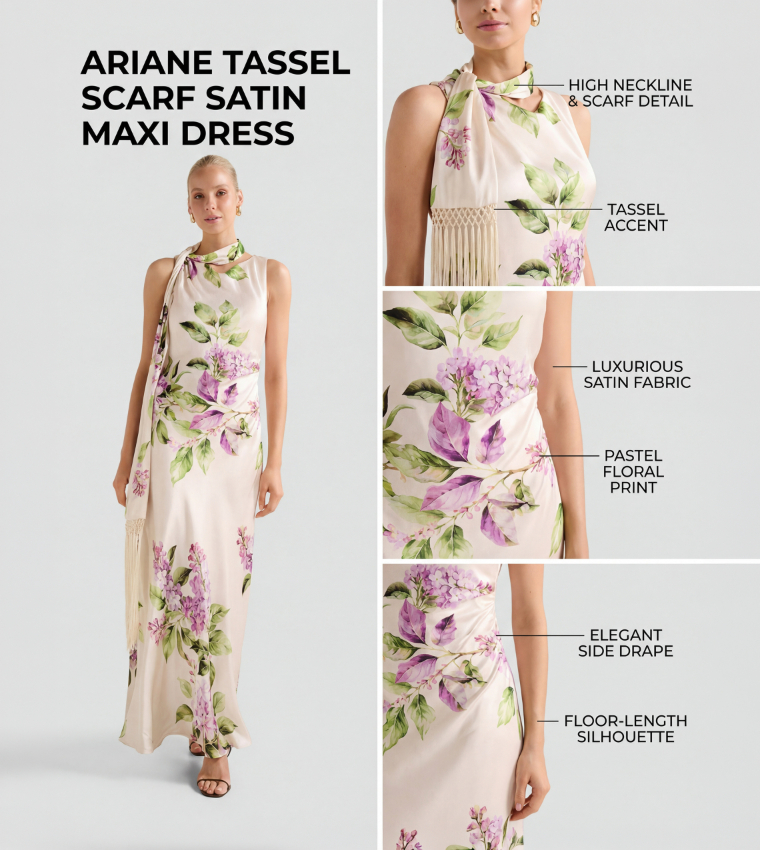 ARIANE Tassel Scarf Satin Maxi Dress