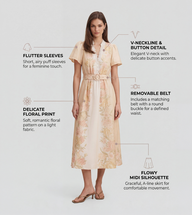 FN CHIARA Flutter Sleeves Midi Dress