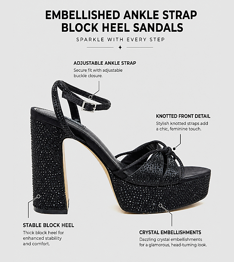 Embellished Ankle Strap Block Heel Sandals