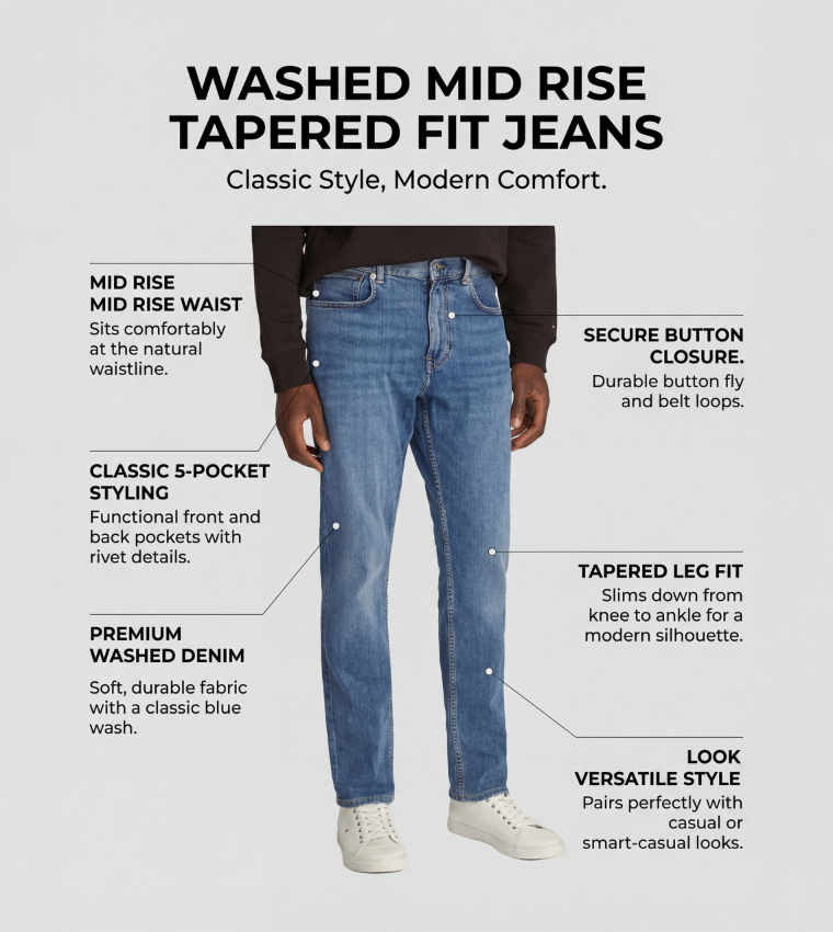 Washed Mid Rise Tapered Fit Jeans