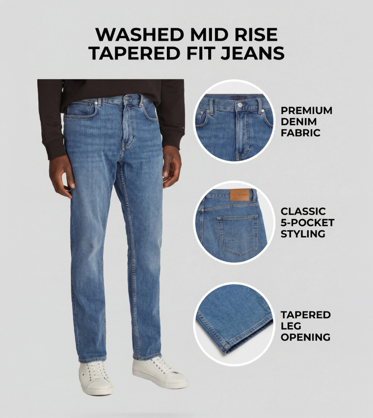 Washed Mid Rise Tapered Fit Jeans
