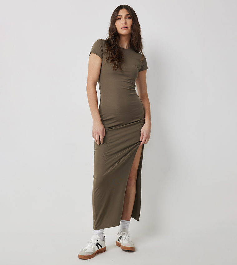 Buy Ardene Solid Bodycon Dress With Slit In Dark Brown | 6thstreet Qatar