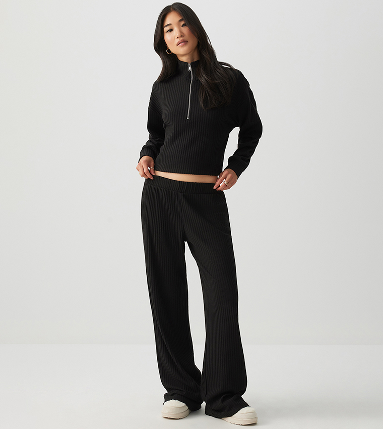 Ribbed Brushed Knit Wide Leg Pants