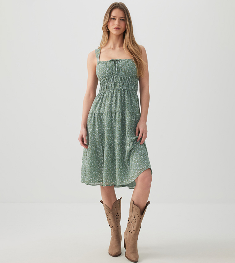 Buy Ardene Printed Chiffon Midi Tiered Dress In Green | 6thStreet Qatar