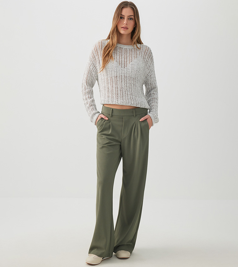 Pleated Elastic Waist Wide Leg Trousers