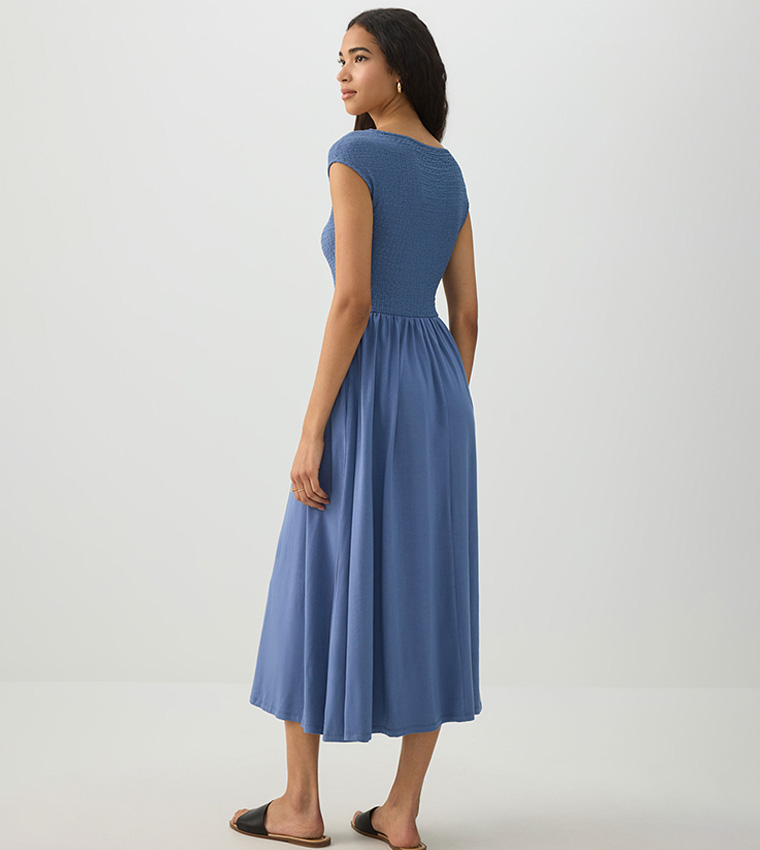 Textured Knit Cap Sleeves Midi Dress