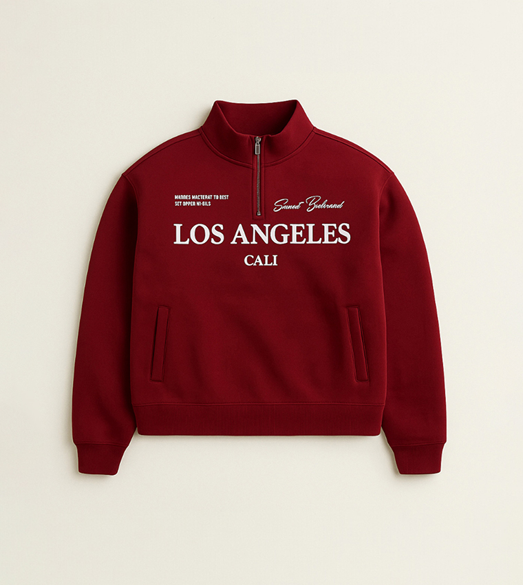 سويتشيرت قطن فليس بطبعة ورقبة عالية 