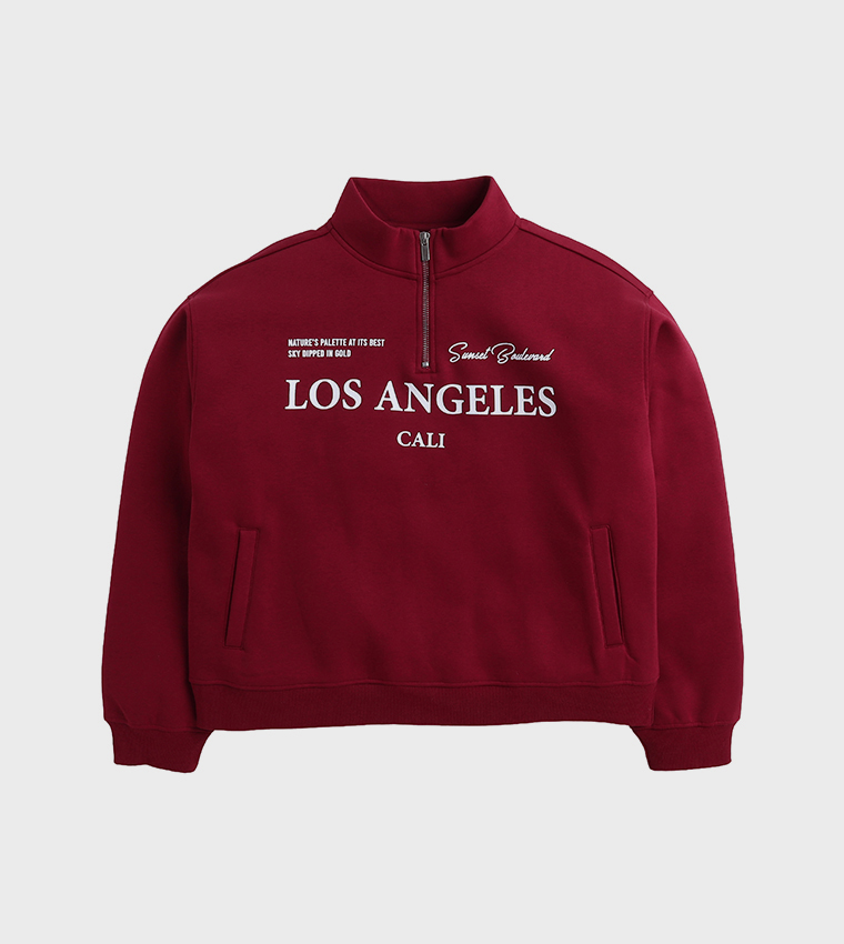 سويتشيرت قطن فليس بطبعة ورقبة عالية 