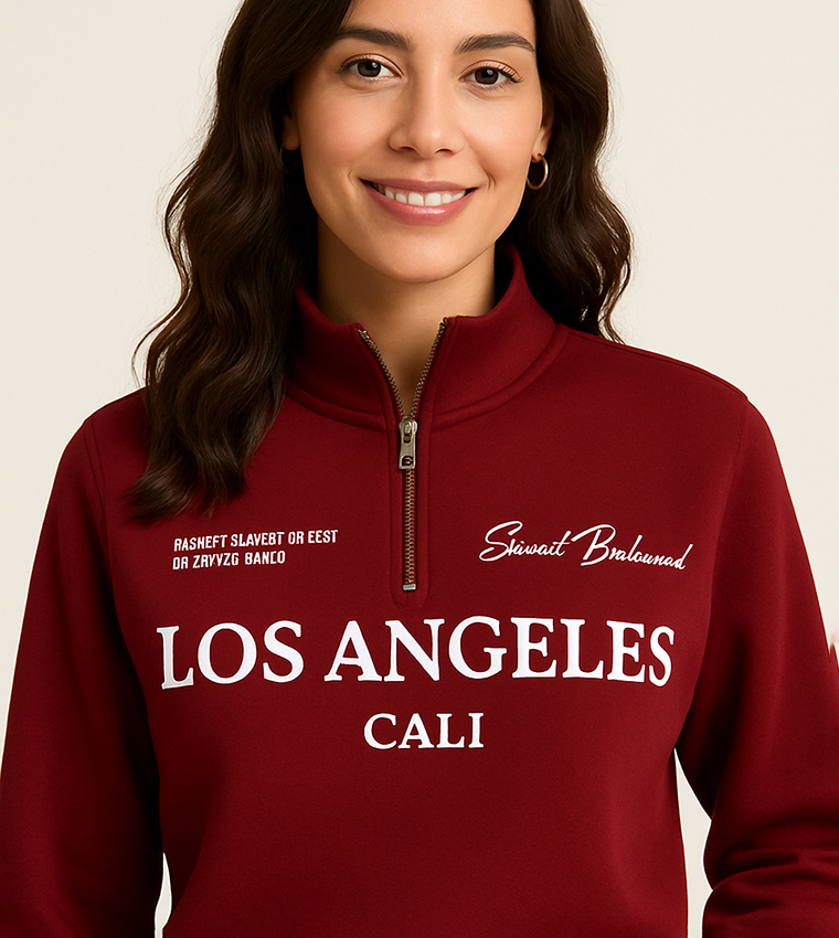 سويتشيرت قطن فليس بطبعة ورقبة عالية 