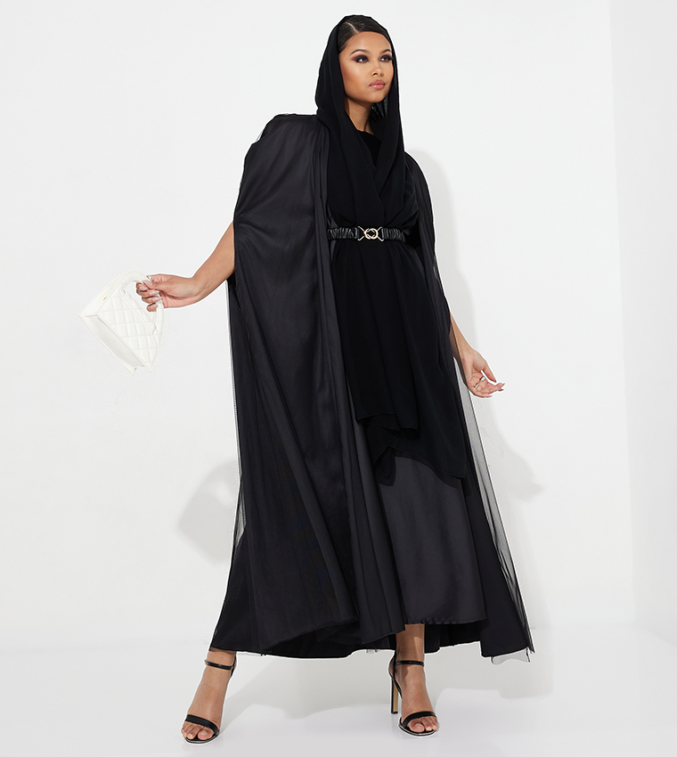 Solid Slit Sleeves Abaya with Inner Dress