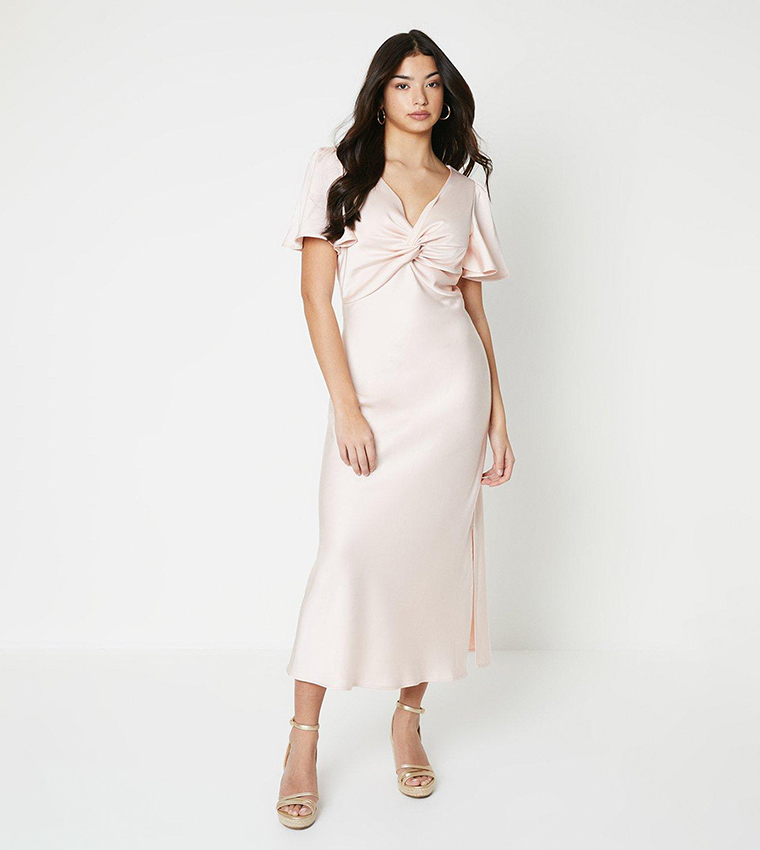 Satin Twist Front Angel Sleeves Midi Dress