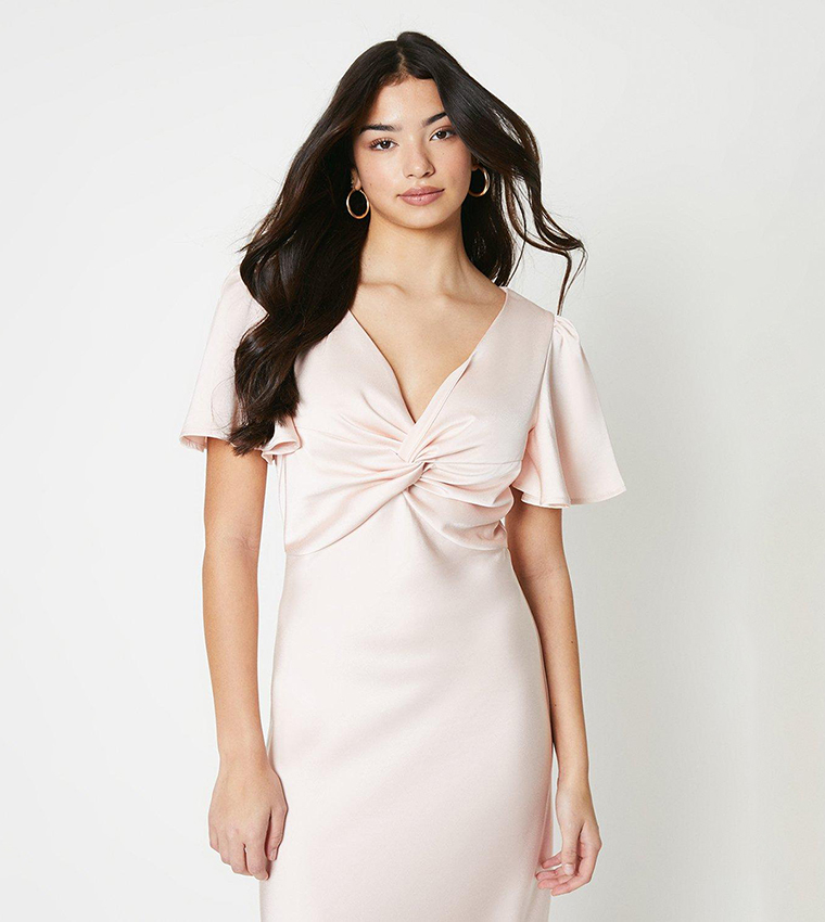 Satin Twist Front Angel Sleeves Midi Dress