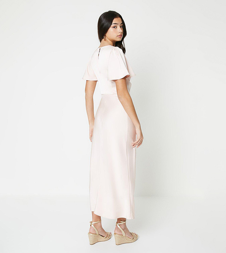 Satin Twist Front Angel Sleeves Midi Dress