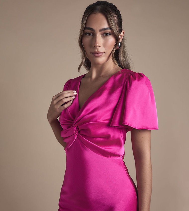 Satin Twist Front Angel Sleeves Midi Bridesmaid Dress