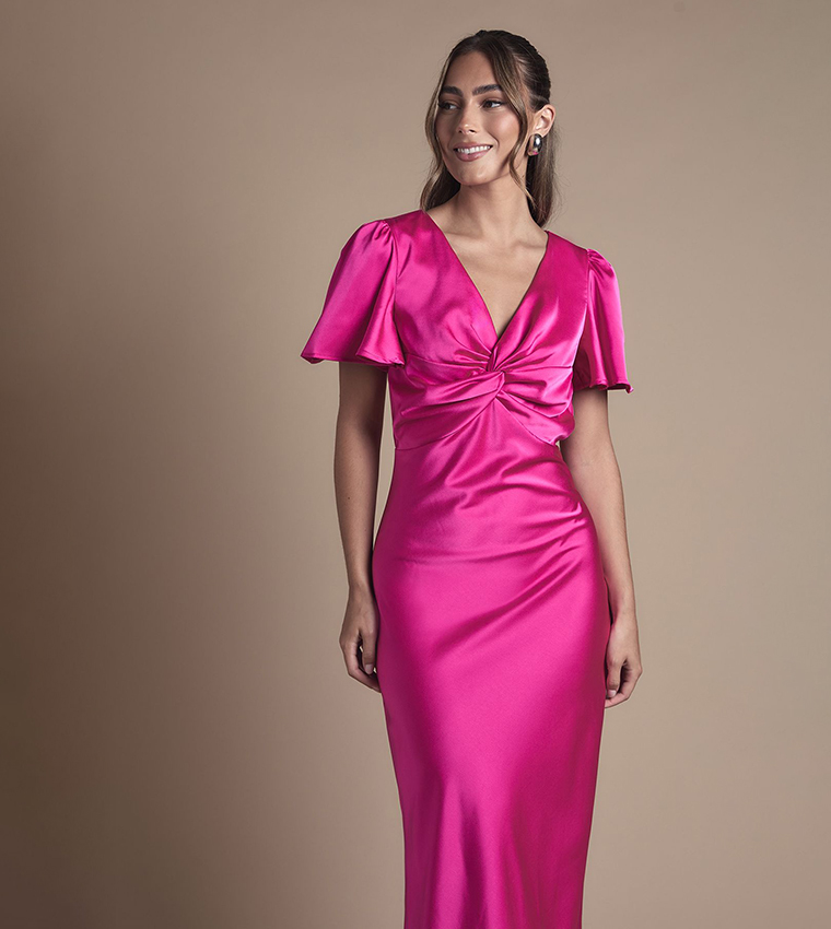 Satin Twist Front Angel Sleeves Midi Bridesmaid Dress