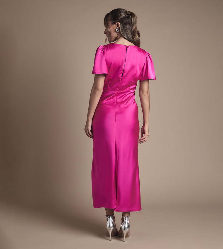 Satin Twist Front Angel Sleeves Midi Bridesmaid Dress