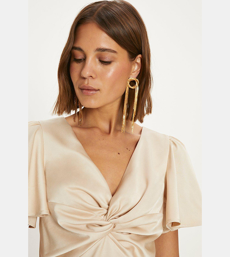 Satin Twist Front Angel Sleeves Midi Dress