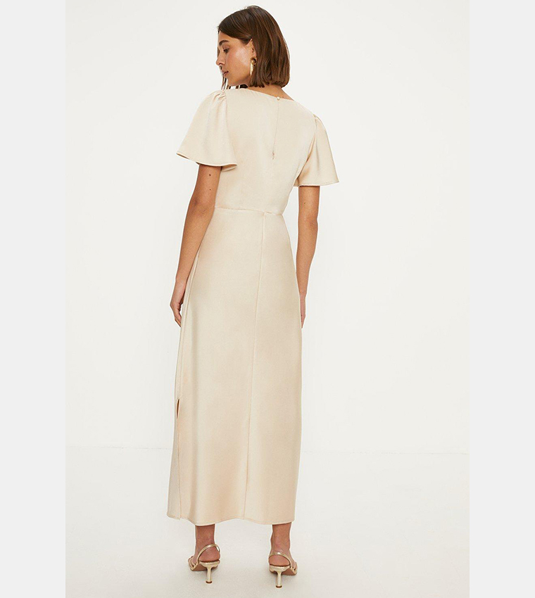 Satin Twist Front Angel Sleeves Midi Dress