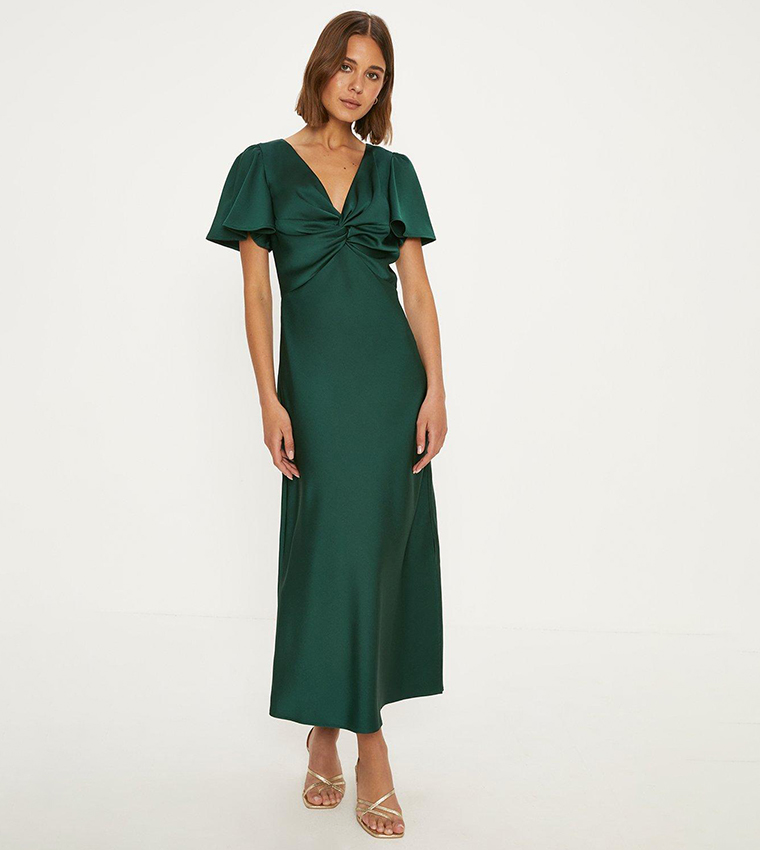 Buy Oasis Satin Twist Front Angel Sleeves Midi Dress In Green | 6thstreet  UAE
