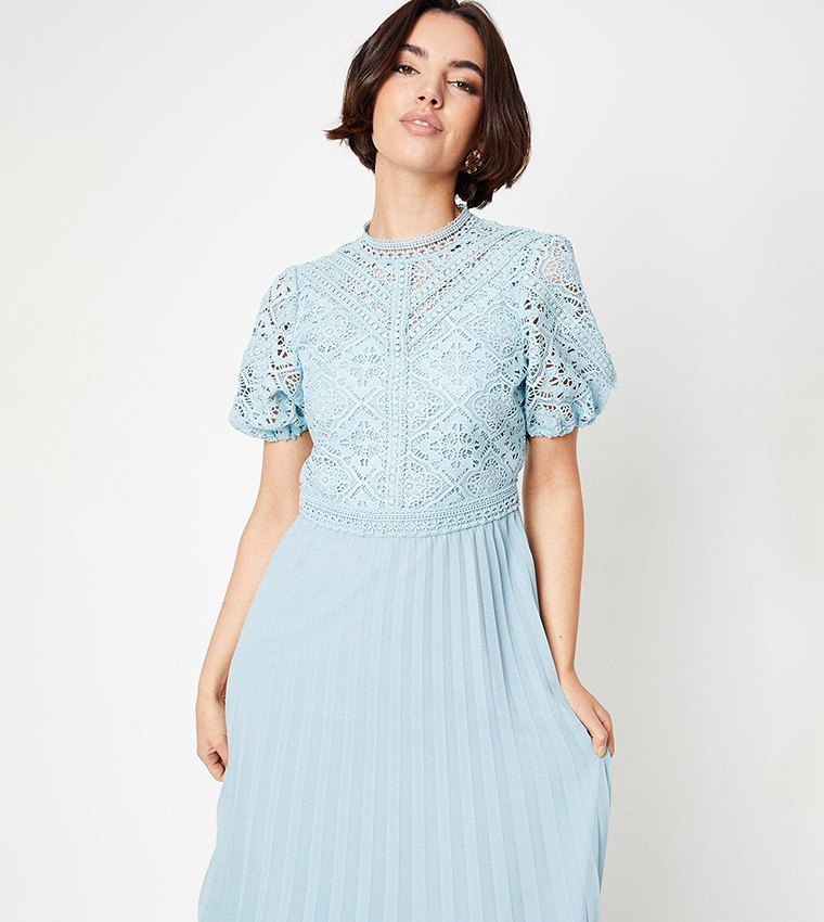 Buy Oasis Lace Puff Sleeves Pleated Midi Dress In Blue | 6thstreet UAE