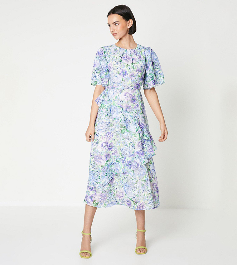 Soft Floral Angel Sleeves Satin Burnout Midi Dress
