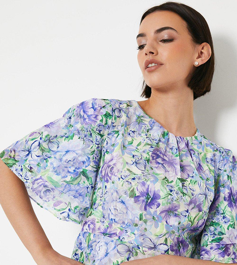 Soft Floral Angel Sleeves Satin Burnout Midi Dress
