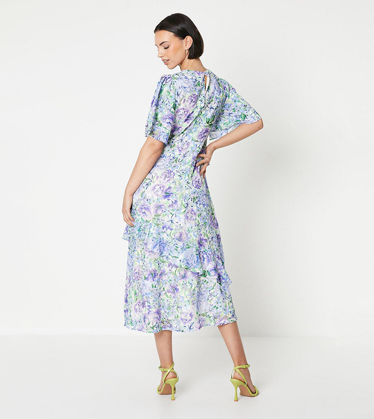 Soft Floral Angel Sleeves Satin Burnout Midi Dress