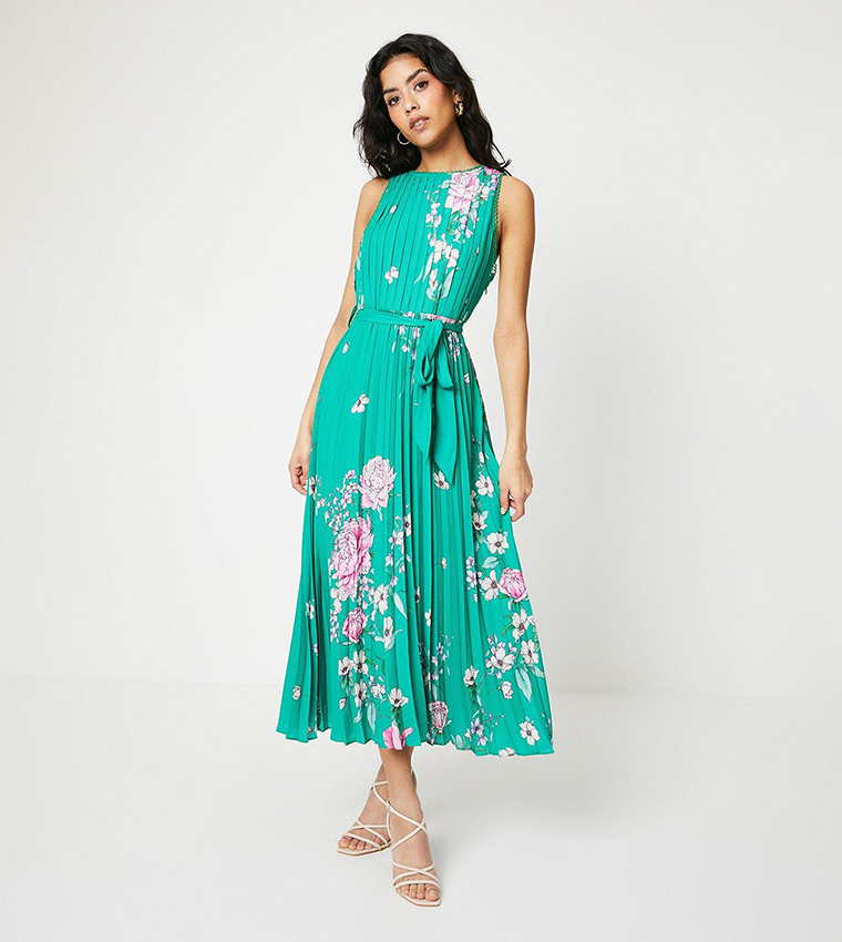Petite Floral Pleated Belted Midi Dress