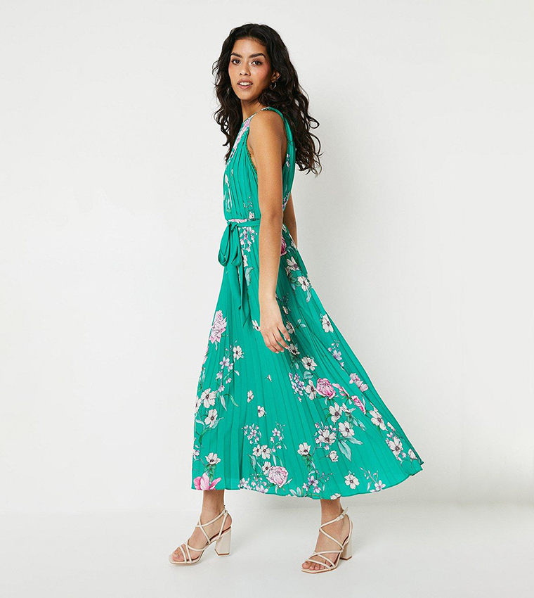 Petite Floral Pleated Belted Midi Dress