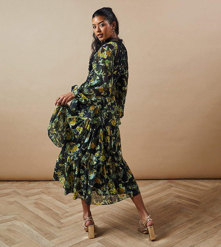Petite Floral Print Lace Trim Dobby Chiffon Tiered Midaxi Dress