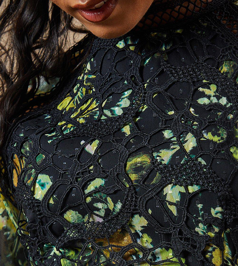 Petite Floral Print Lace Trim Dobby Chiffon Tiered Midaxi Dress