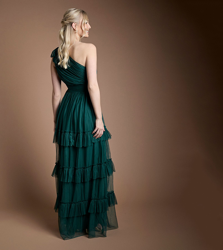 Buy Oasis Pleated Mesh One Shoulder Tiered Maxi Bridesmaid Dress In Green