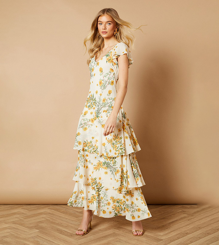 Floral Printed Chiffon Ruffle Layered Maxi Dress