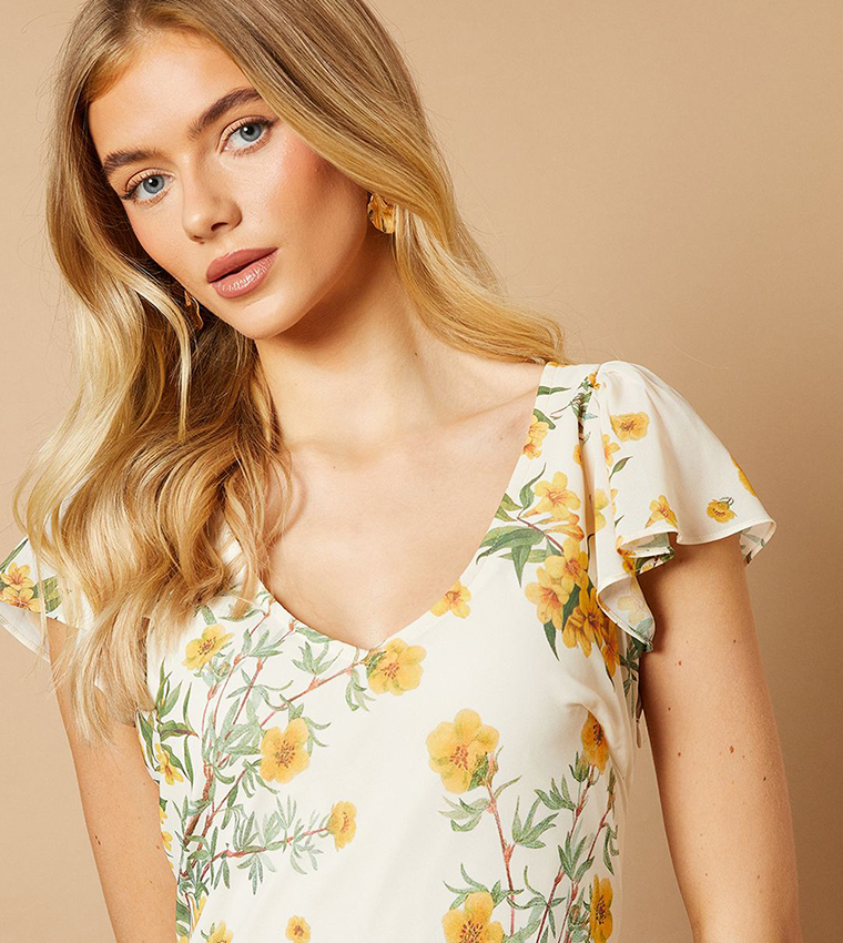 Floral Printed Chiffon Ruffle Layered Maxi Dress