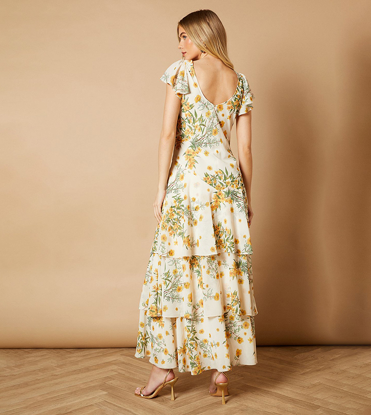 Floral Printed Chiffon Ruffle Layered Maxi Dress