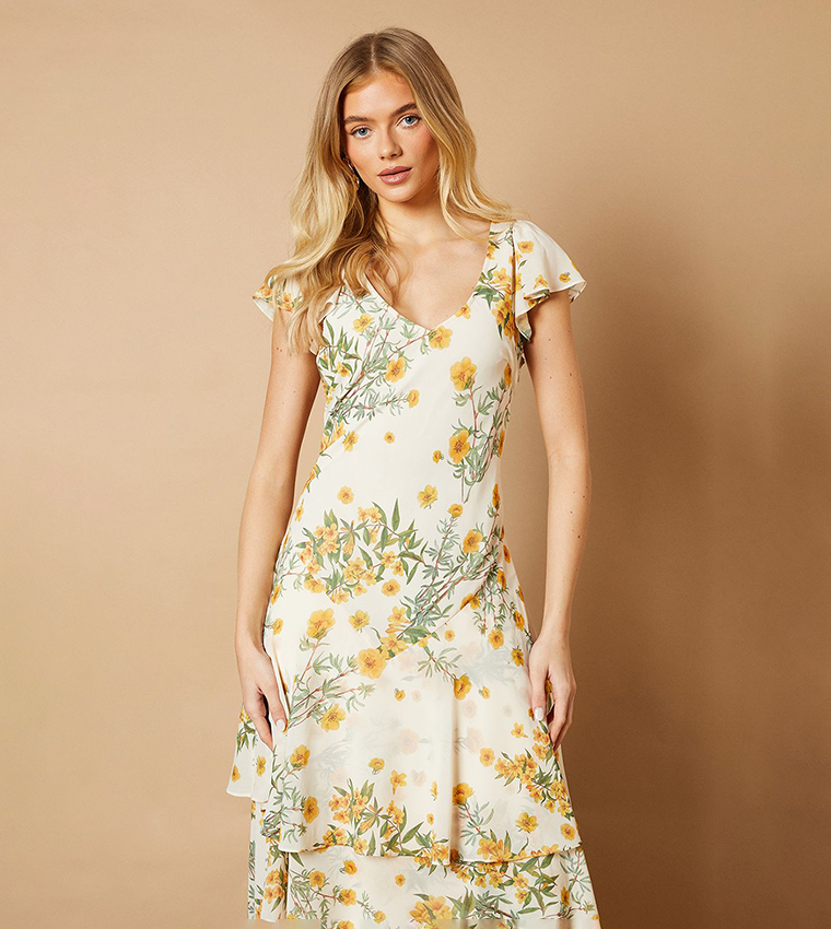 Floral Printed Chiffon Ruffle Layered Maxi Dress