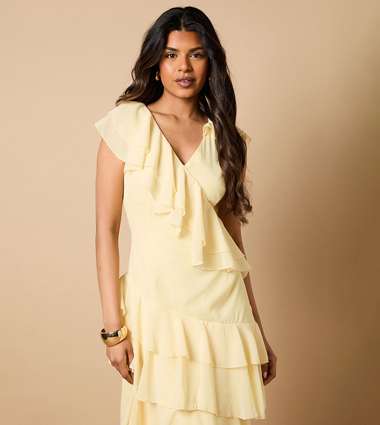 Petite Ruffle Asymmetric Maxi Dress