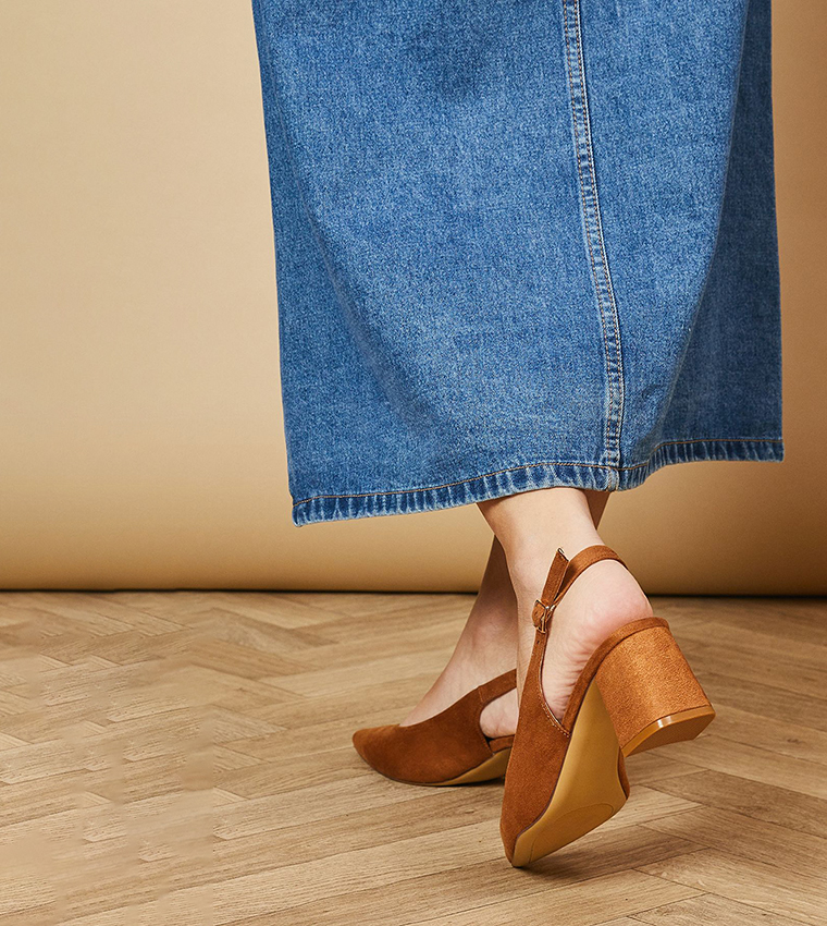 Enrya Faux Suede Slingback Low Block Heel Pumps