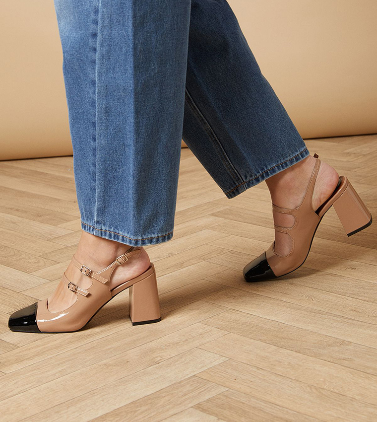 Meredia Faux Patent Leather Block Heel Mary Jane Pumps