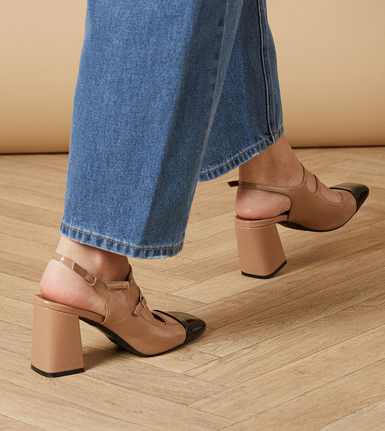 Meredia Faux Patent Leather Block Heel Mary Jane Pumps